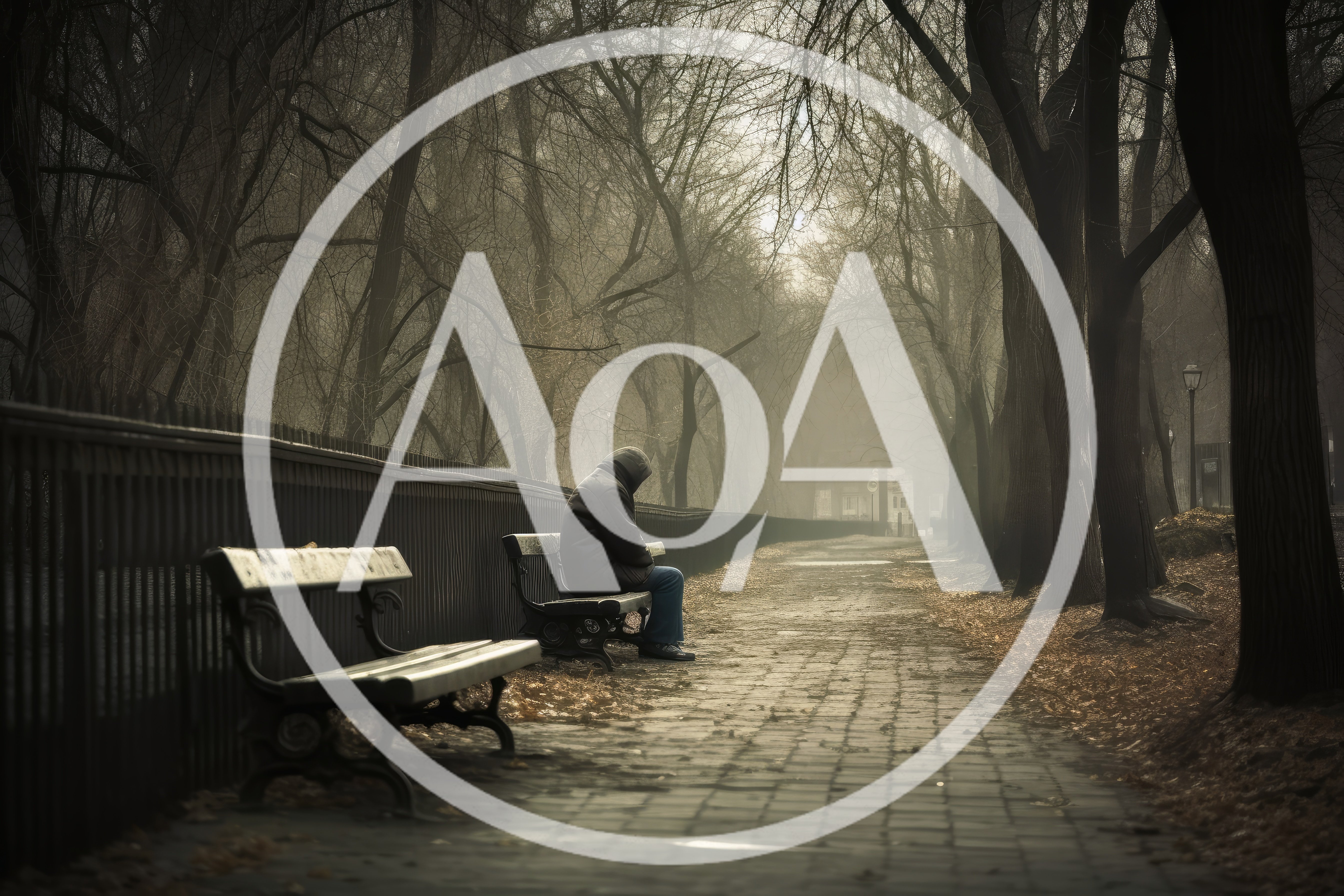 Solitary Person Sitting On A Park Bench In Fog