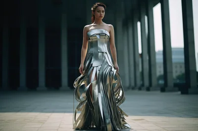 Fashion Model Wearing Futuristic Metallic Sculptural Dress