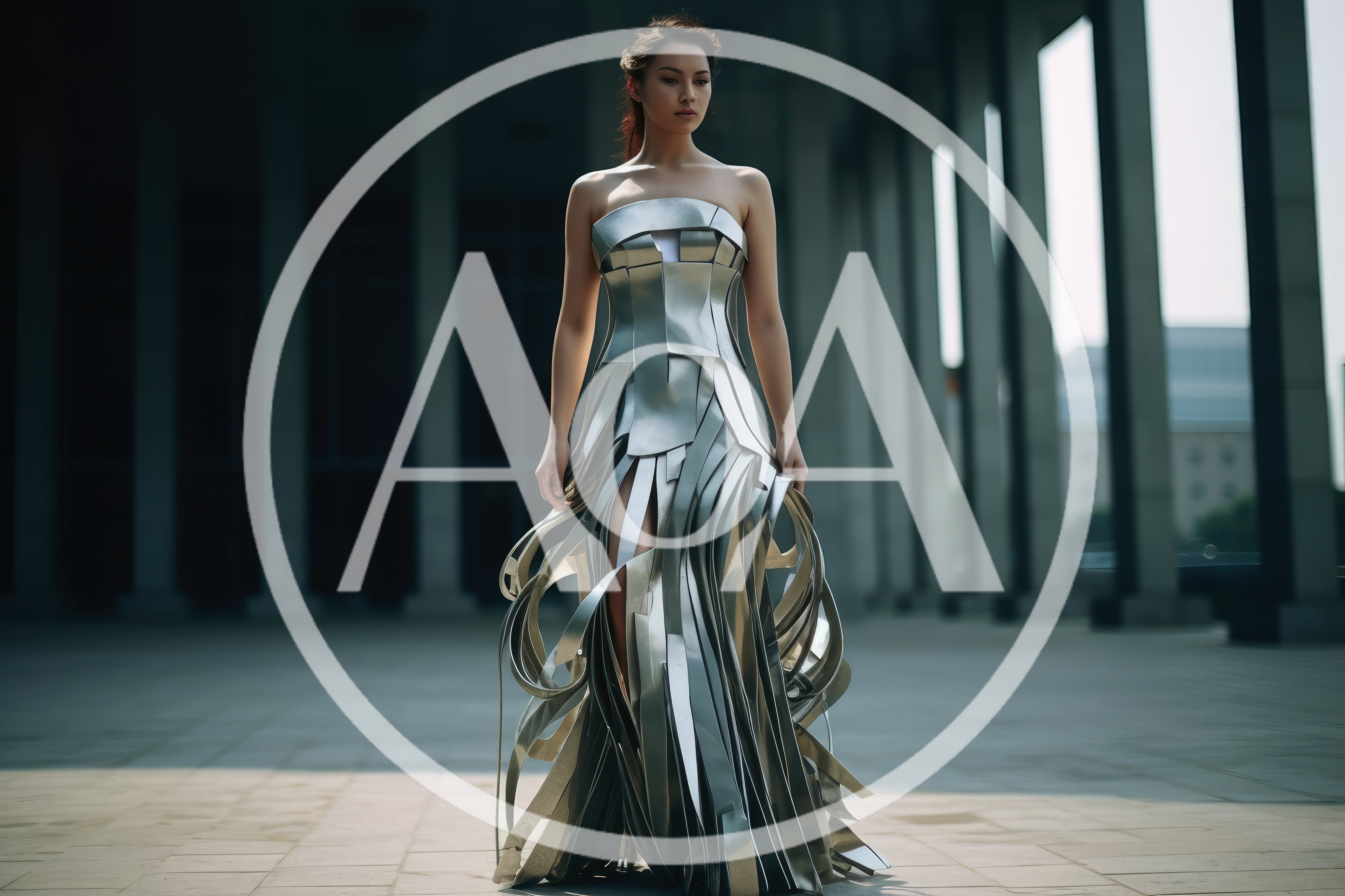 Fashion Model Wearing Futuristic Metallic Sculptural Dress