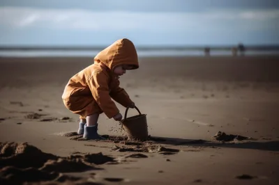 Toddler Playing With Sand Bucket On Beach