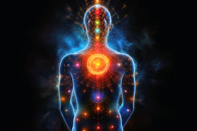 Human Silhouette With Glowing Energy Chakras And Neural Network