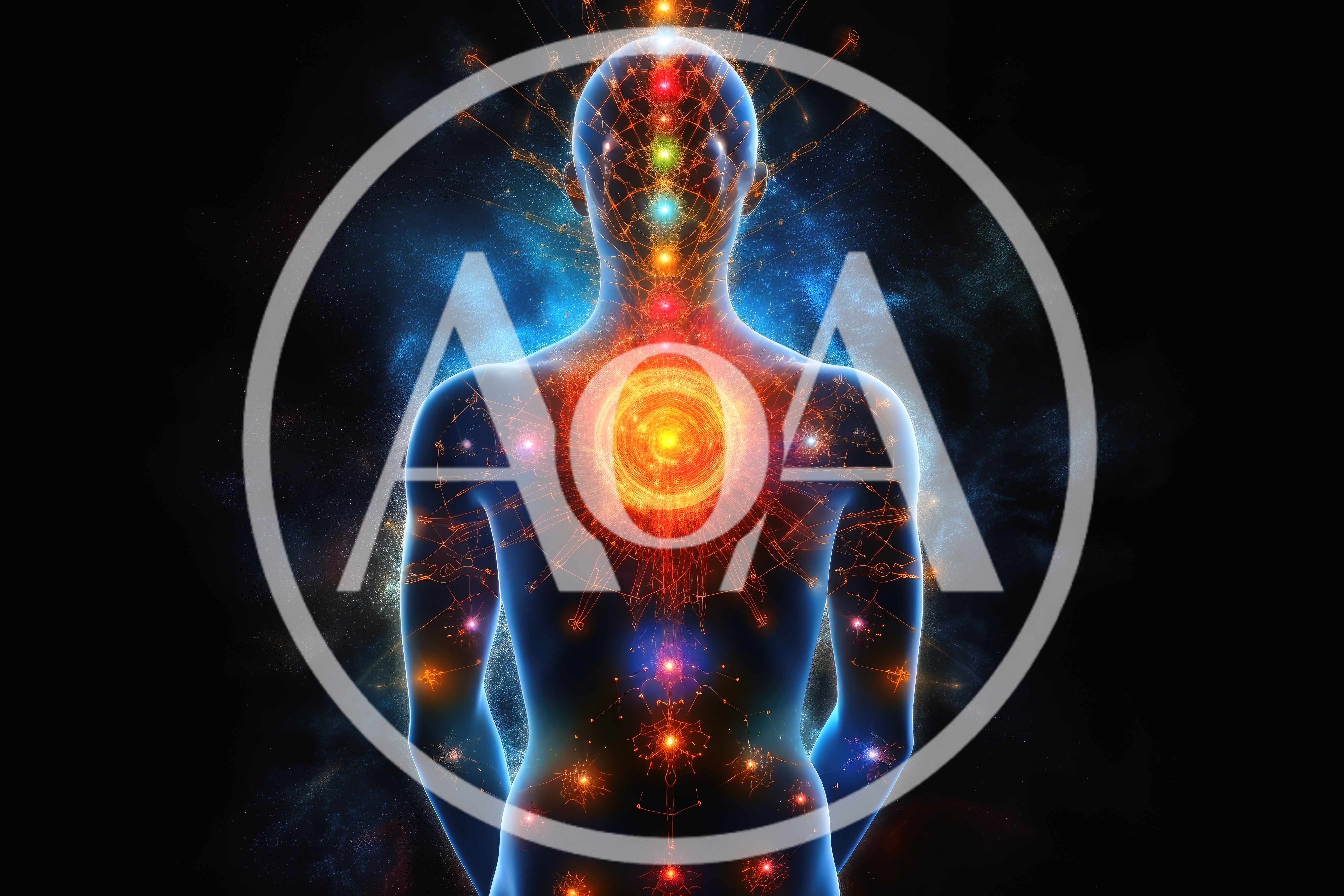 Human Silhouette With Glowing Energy Chakras And Neural Network