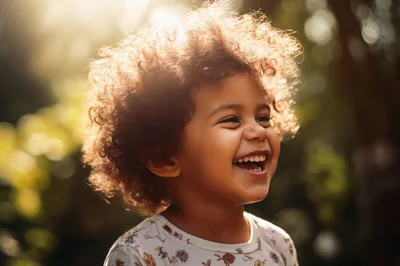 Happy Toddler With Curly Hair Laughing Outdoors