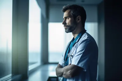 Thoughtful Male Doctor Standing By Hospital Window