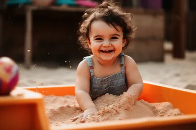 Happy Toddler Playing In An Orange Sandbox