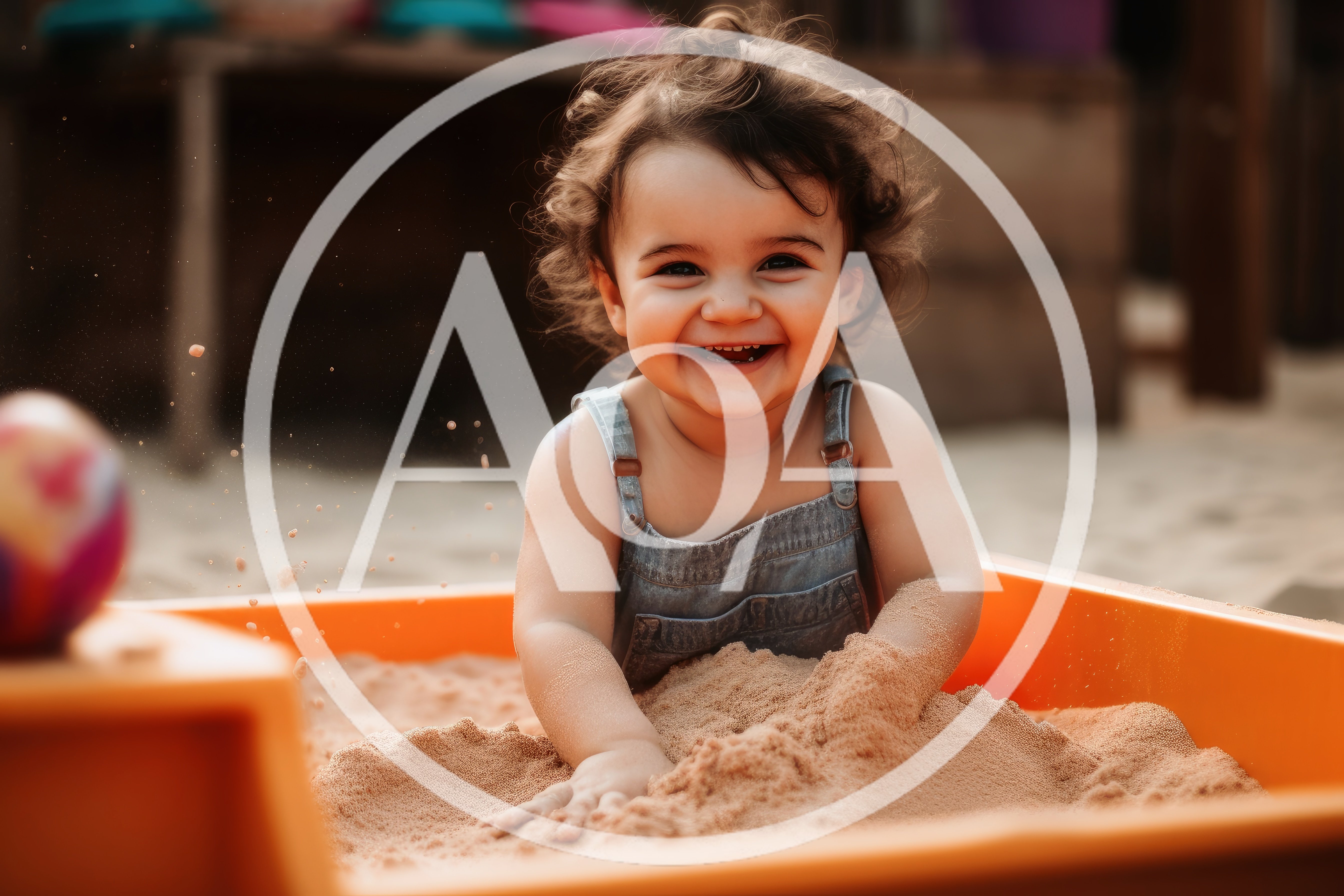 Happy Toddler Playing In An Orange Sandbox