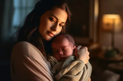 Mother Gently Holding Her Sleeping Newborn Baby