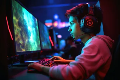 Young Gamer Playing Video Games In Neon Lit Room