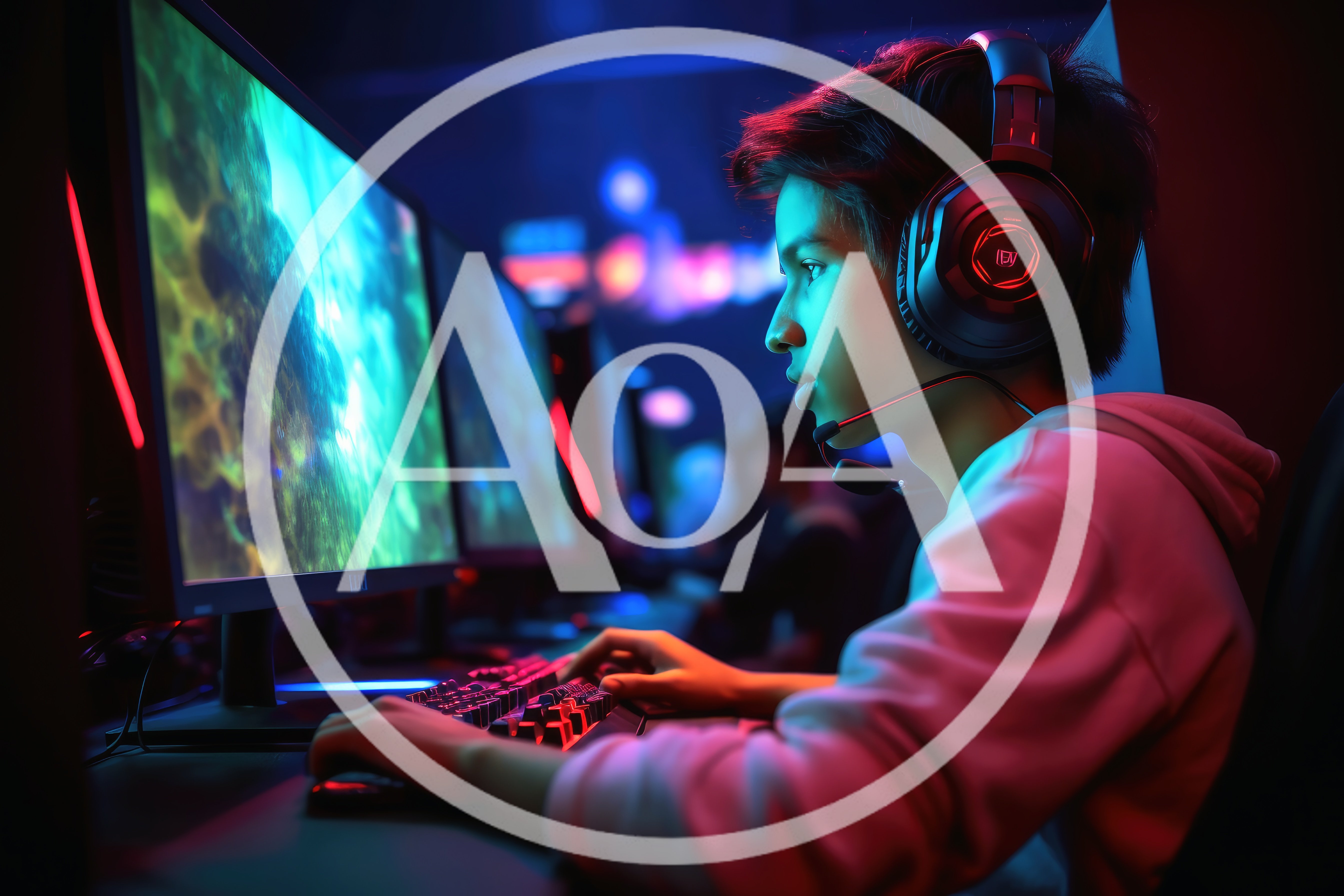 Young Gamer Playing Video Games In Neon Lit Room