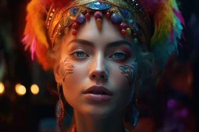 Portrait Of A Woman In Vibrant Carnival Headdress