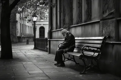 Elderly Man Sitting Alone on a City Bench