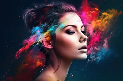 Portrait Of A Woman With Colorful Powder Explosion