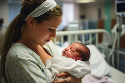New Mother Holding Her Newborn Baby In Hospital