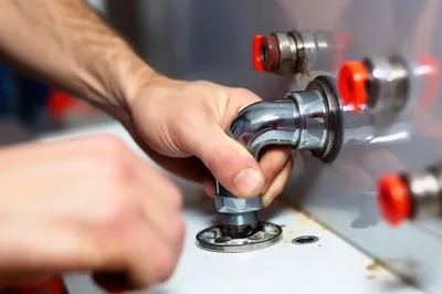 Plumber Installing Chrome Pipe Fitting On Water Heater