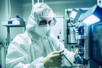 Scientist Operating Laboratory Equipment In Cleanroom