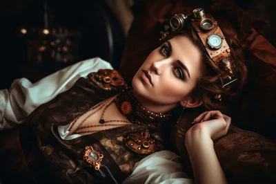 Steampunk Woman With Goggles Resting On A Couch