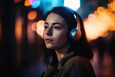 Young Woman Listening To Music With Headphones At Night