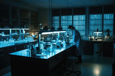 Scientist Working In A Darkened Laboratory At Night