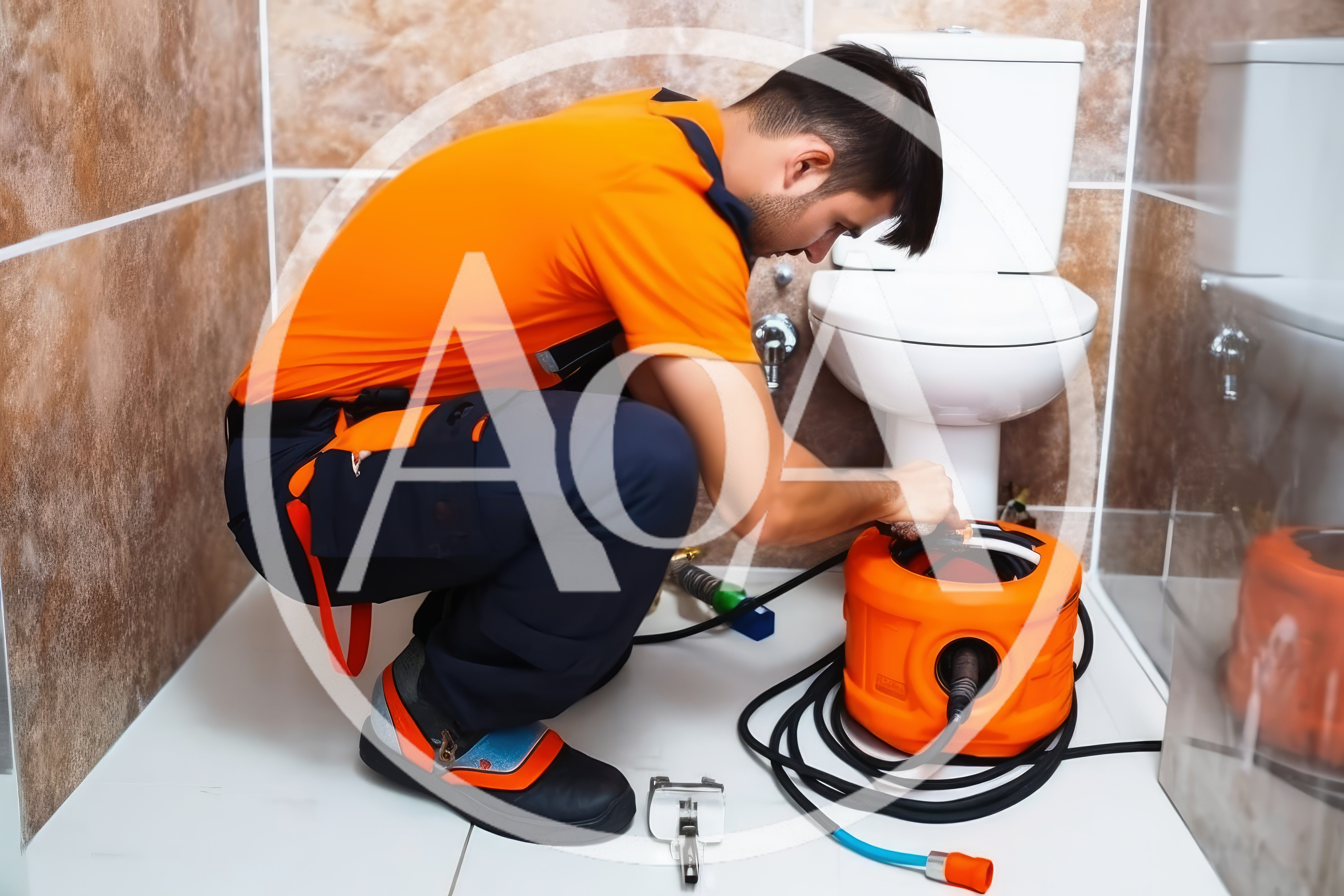Professional Plumber Using Drain Cleaning Machine In Bathroom