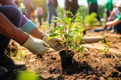 Volunteer Planting A Young Sapling In Community Garden