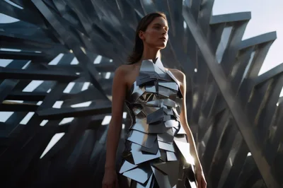 Fashion Model Wearing Metallic Geometric Dress