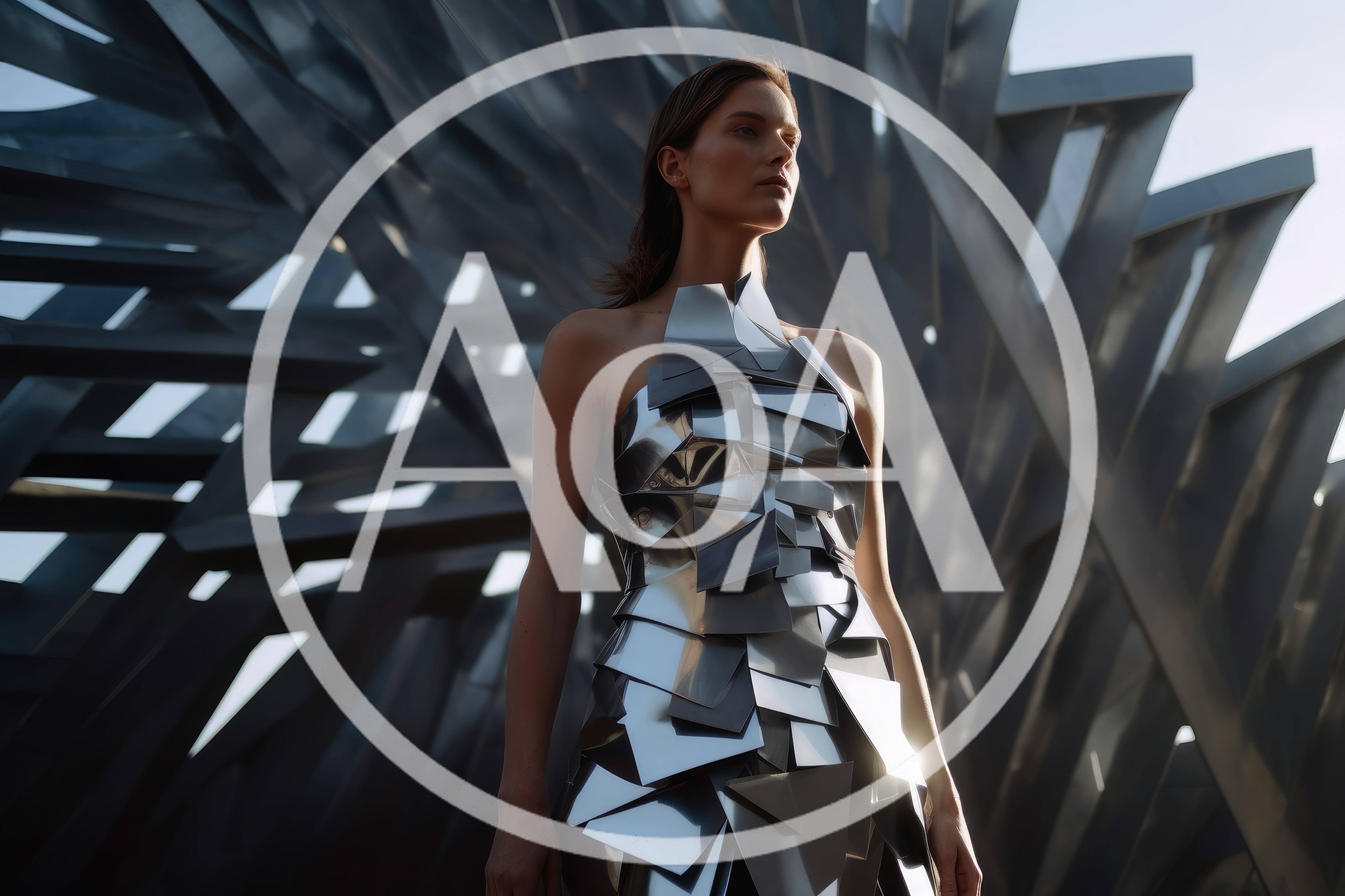 Fashion Model Wearing Metallic Geometric Dress