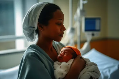 Mother Holding Newborn Baby In Hospital Room