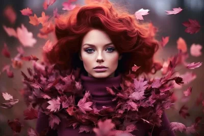 Portrait Of A Woman With Red Hair And Autumn Leaves