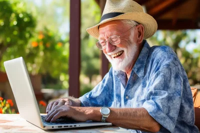 Senior Man Laughing While Using Laptop Outdoors