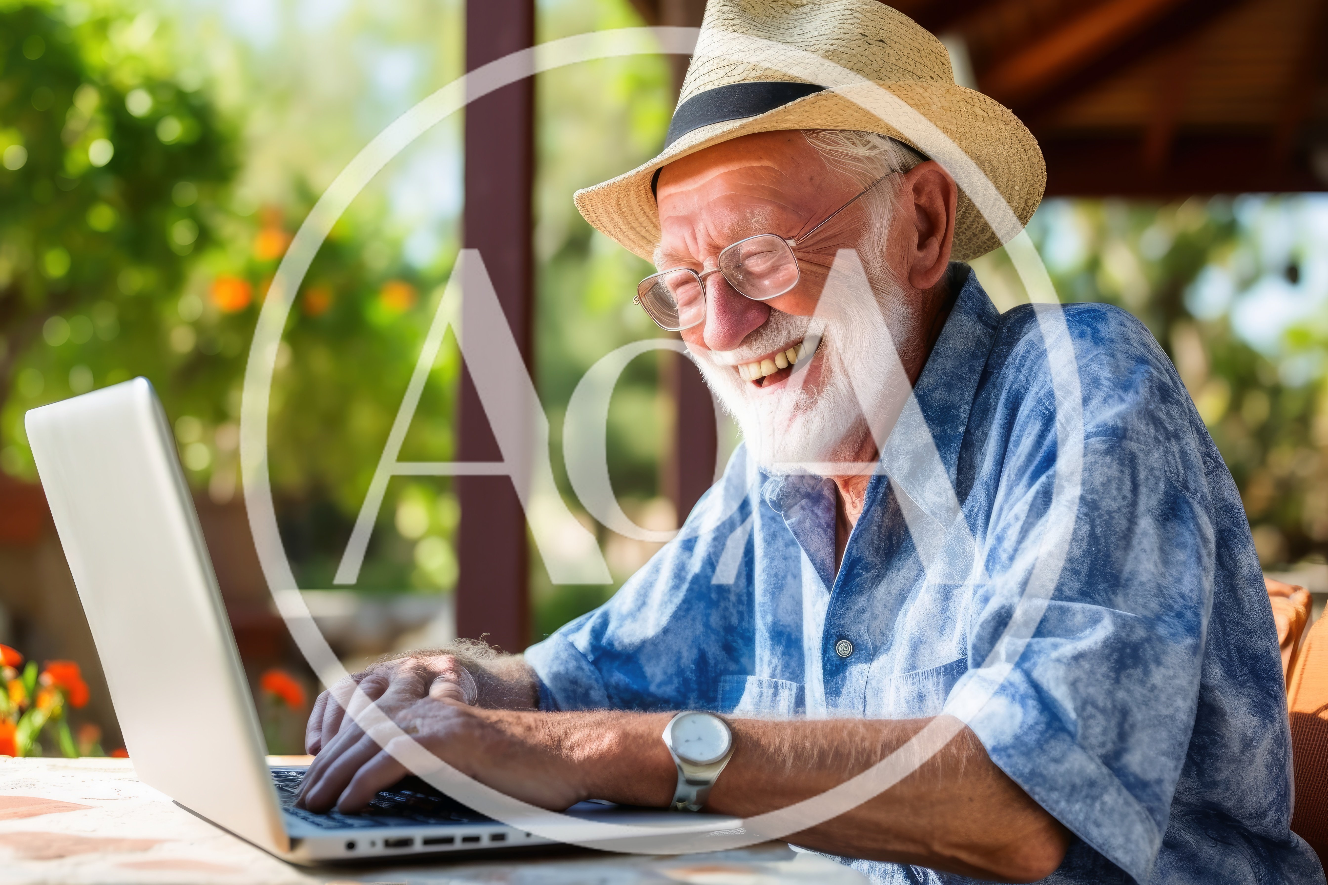 Senior Man Laughing While Using Laptop Outdoors