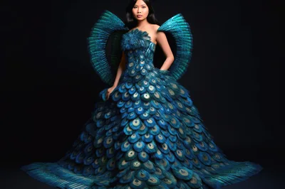 Woman Wearing Elaborate Peacock Feather Couture Gown