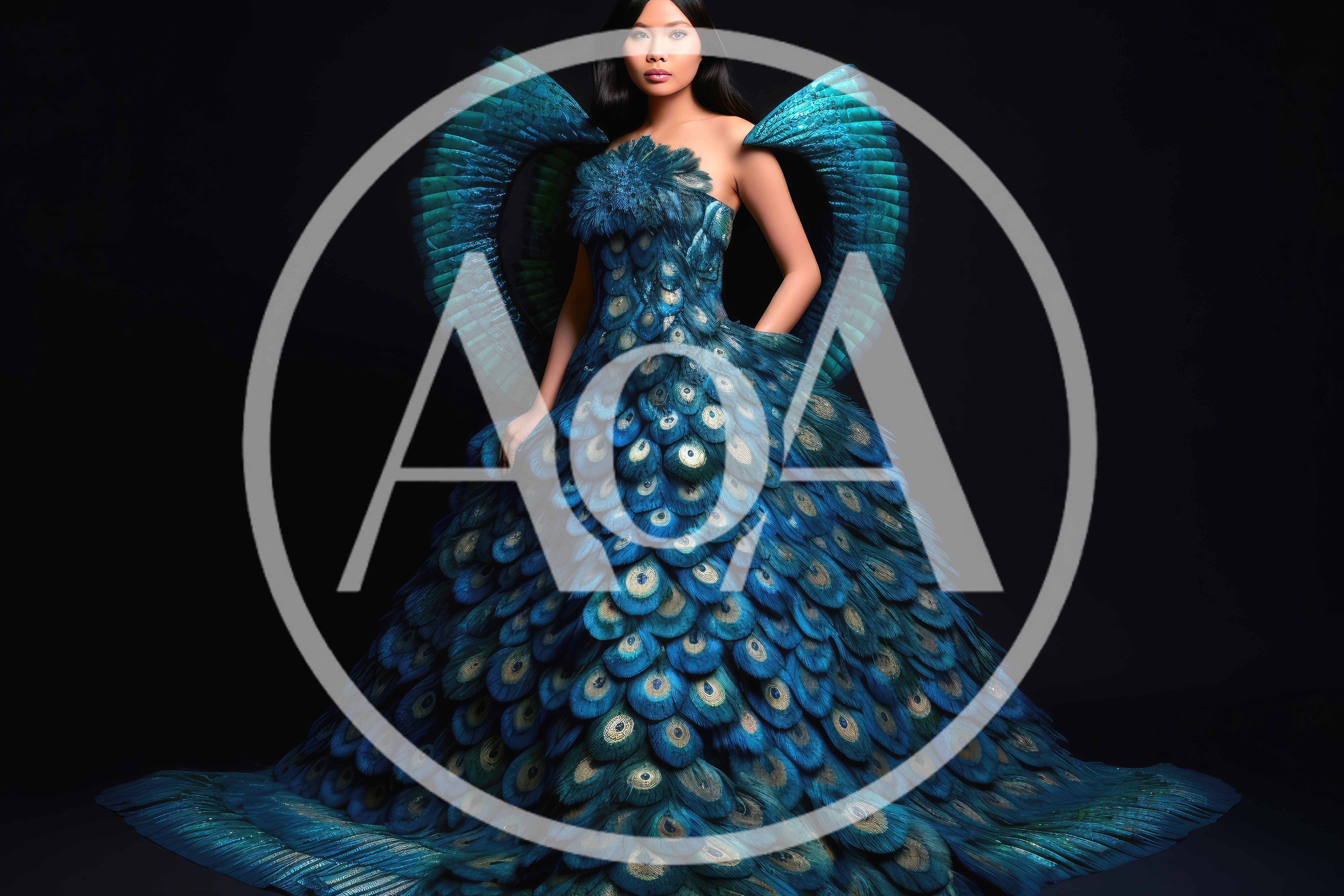 Woman Wearing Elaborate Peacock Feather Couture Gown
