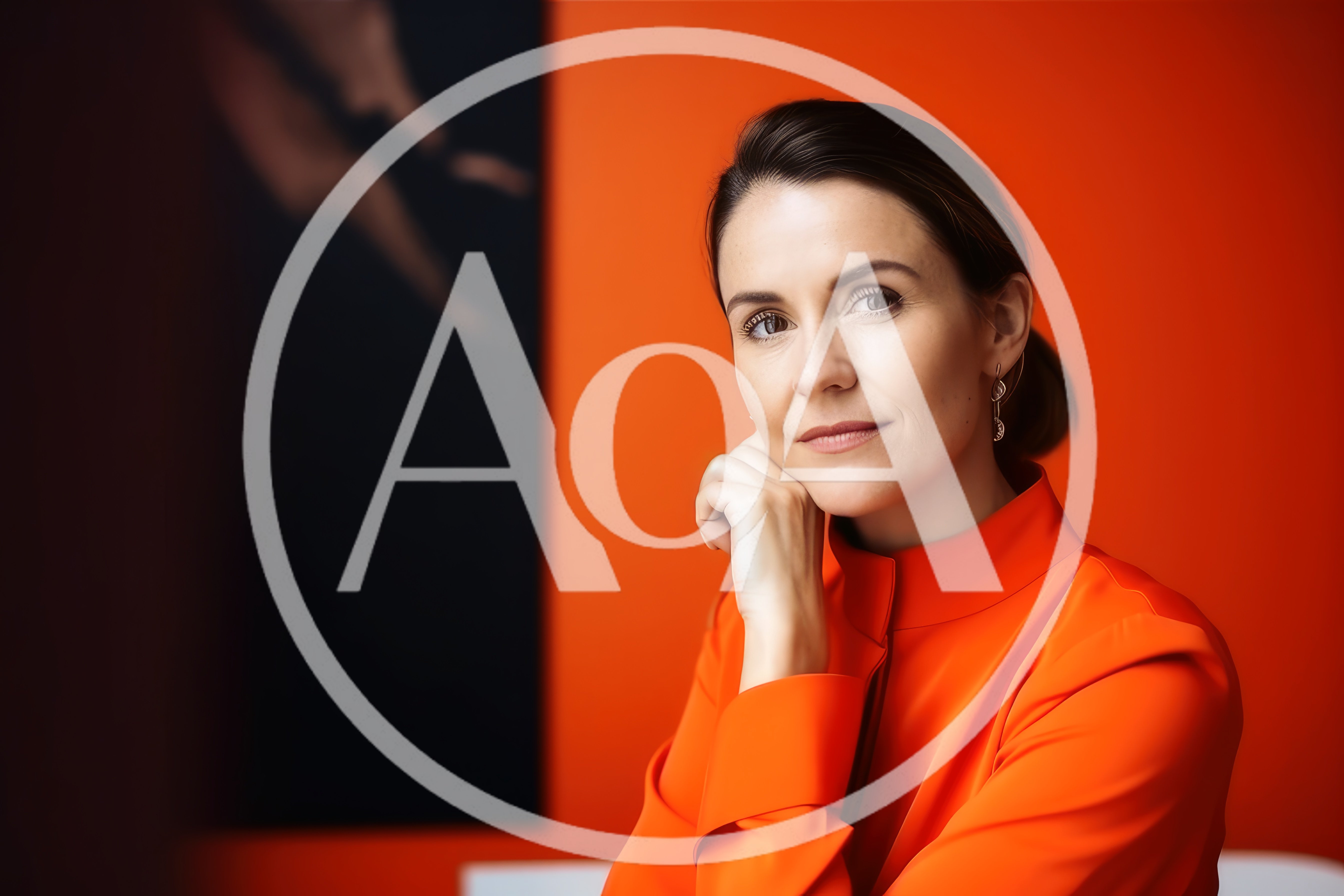 Professional Woman Posing Against Vibrant Orange Wall