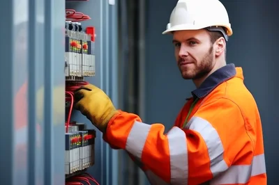Electrician Working On Industrial Electrical Control Panel