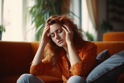Stressed Woman Sitting On Sofa With Headache
