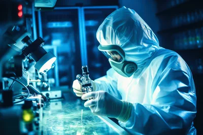 Scientist in Hazmat Suit Working in Laboratory