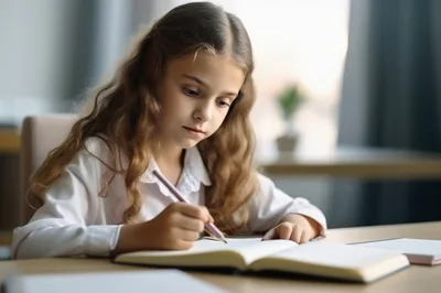 Young Girl Writing In A Notebook At Her Desk