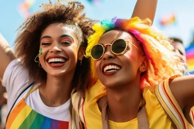 Two Joyful Women Celebrating At A Pride Parade