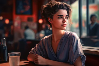 Young Woman Sitting Alone In A Dimly Lit Cafe