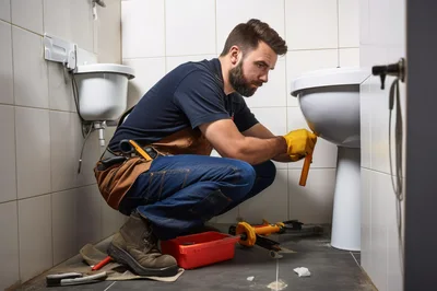 Professional Plumber Repairing A Toilet In A Bathroom