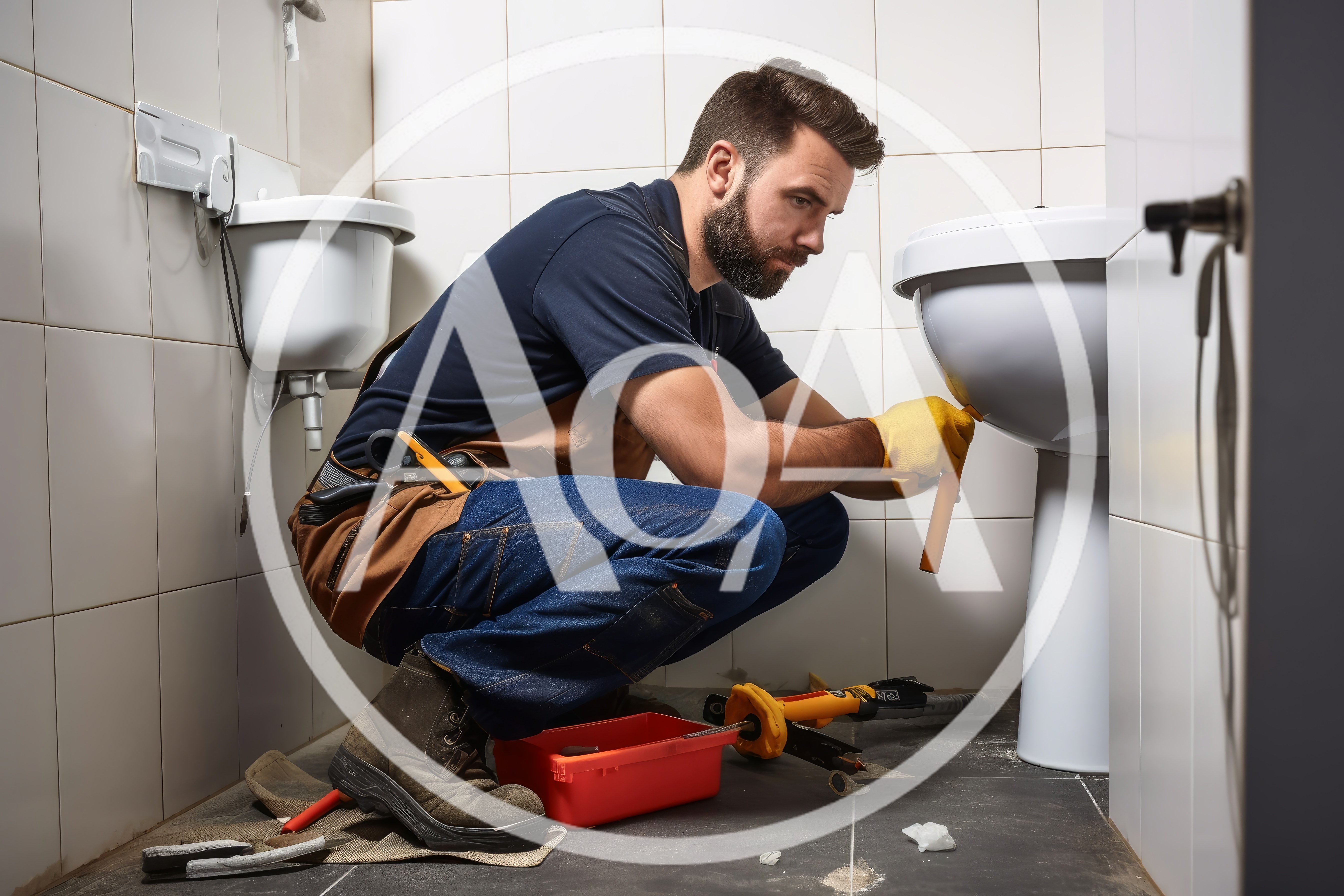 Professional Plumber Repairing A Toilet In A Bathroom