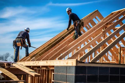 Construction Workers Installing Wooden Roof Trusses