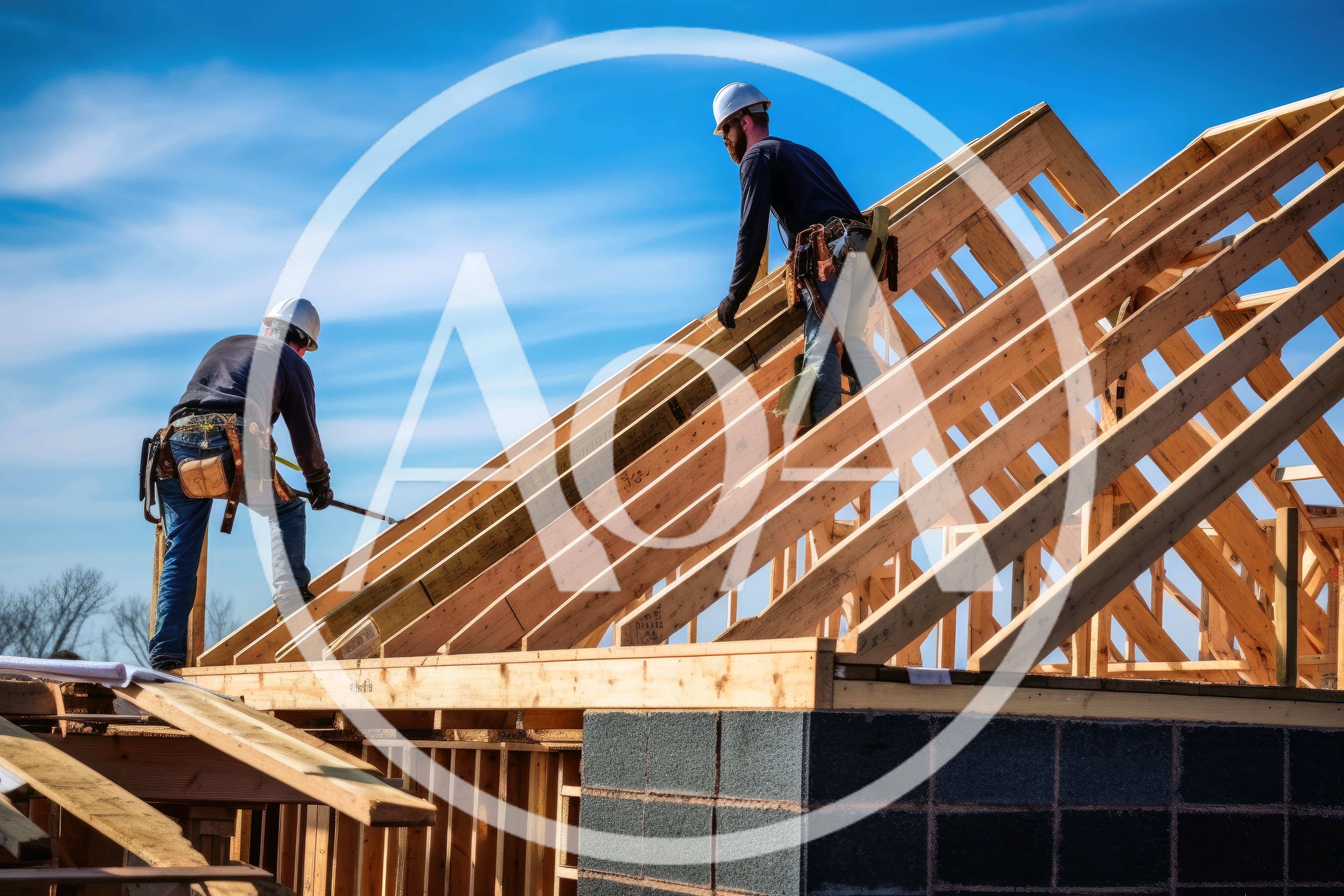 Construction Workers Installing Wooden Roof Trusses