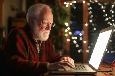 Elderly Man Using Laptop In Cozy Evening Setting