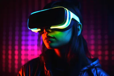 Young Woman Wearing Futuristic Virtual Reality Headset