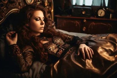 Elegant Woman Resting In Steampunk Bedroom