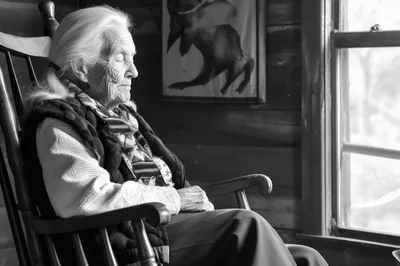 Elderly Woman Resting In A Wooden Rocking Chair