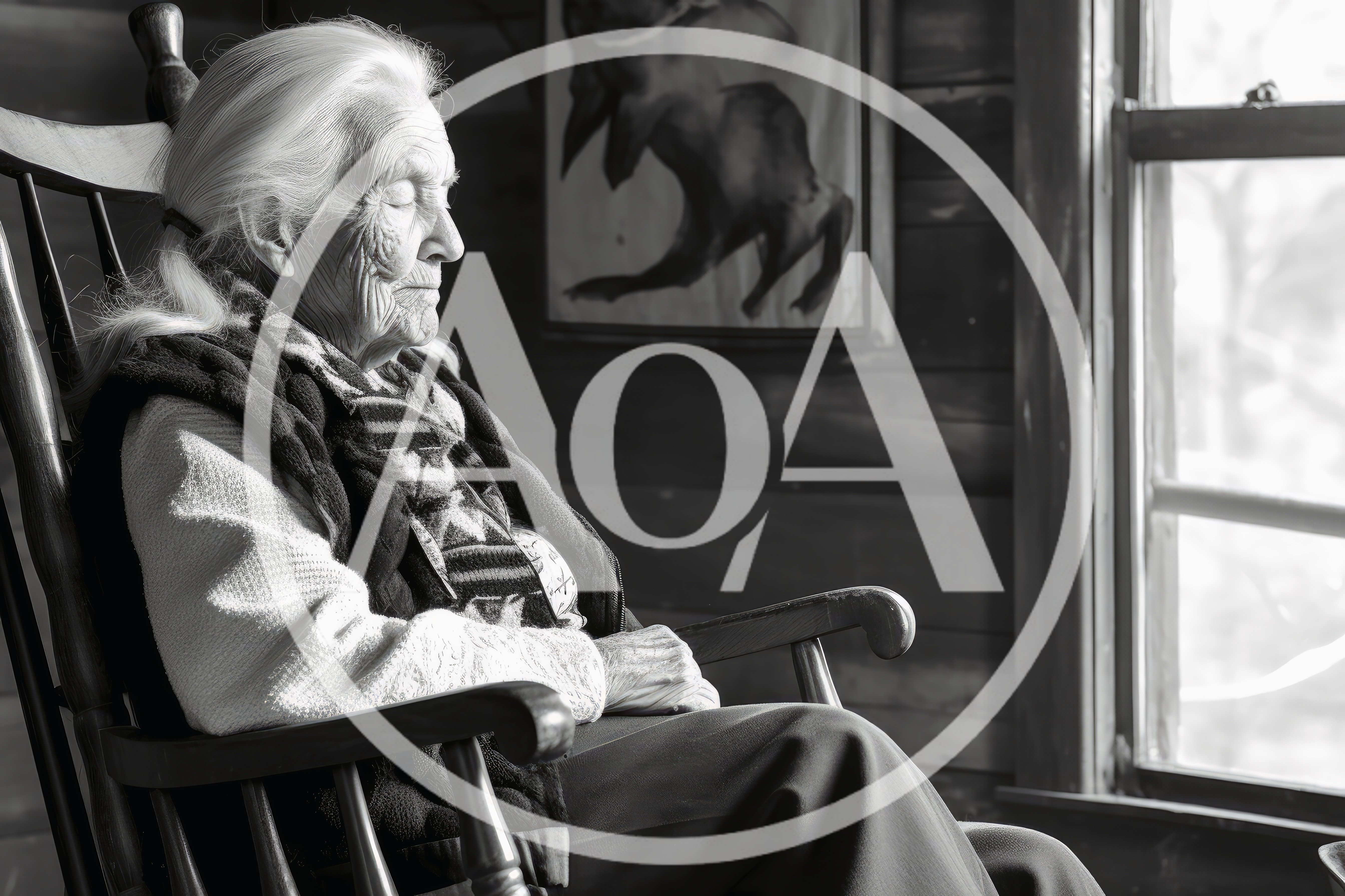 Elderly Woman Resting In A Wooden Rocking Chair