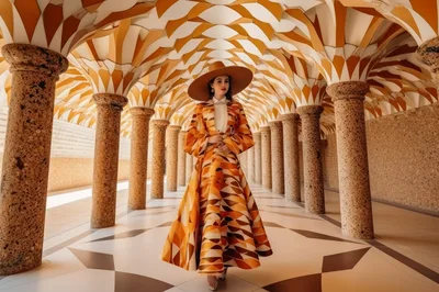 Elegant Woman in Geometric Dress Walking Through Architectural Colonnade