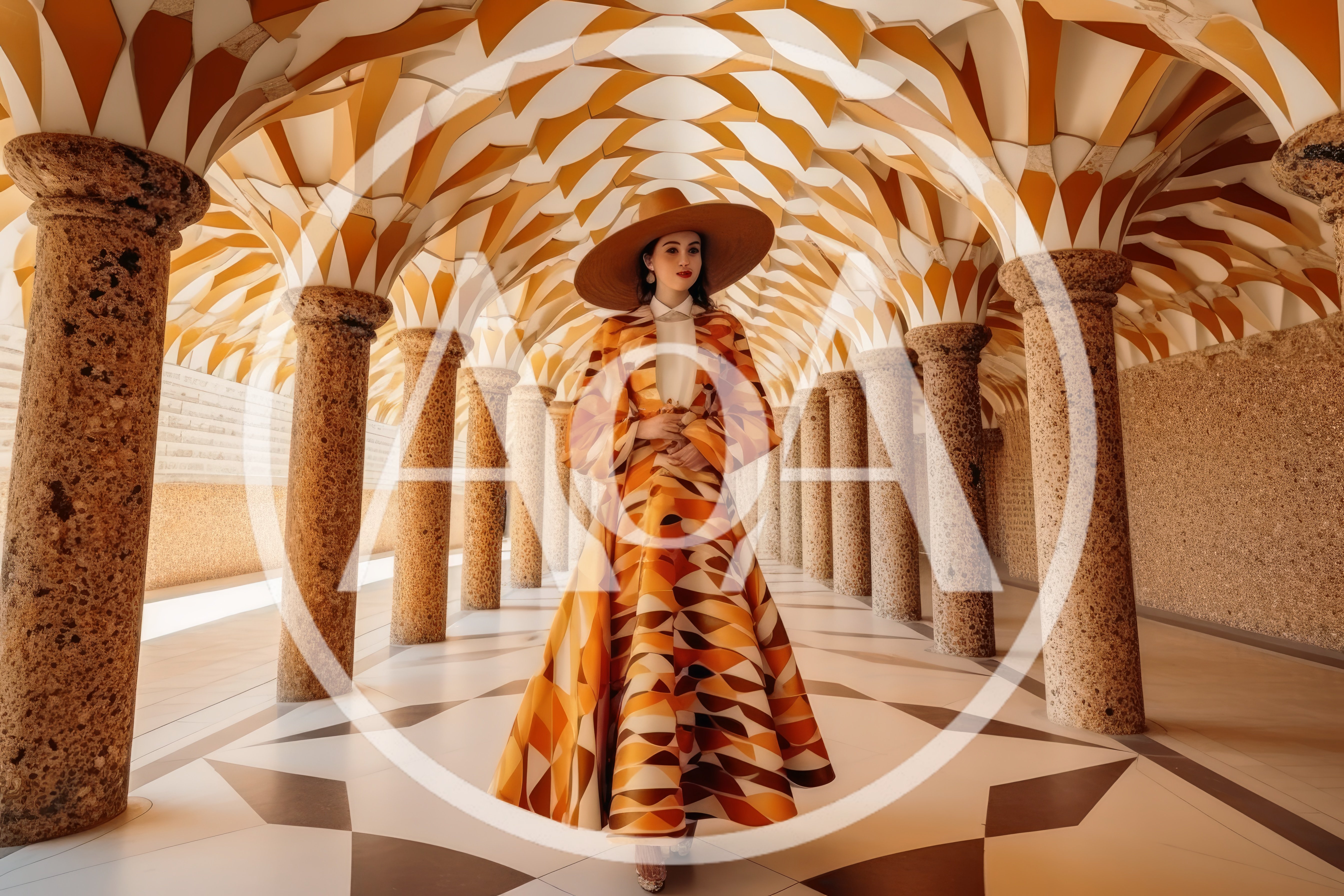 Elegant Woman in Geometric Dress Walking Through Architectural Colonnade